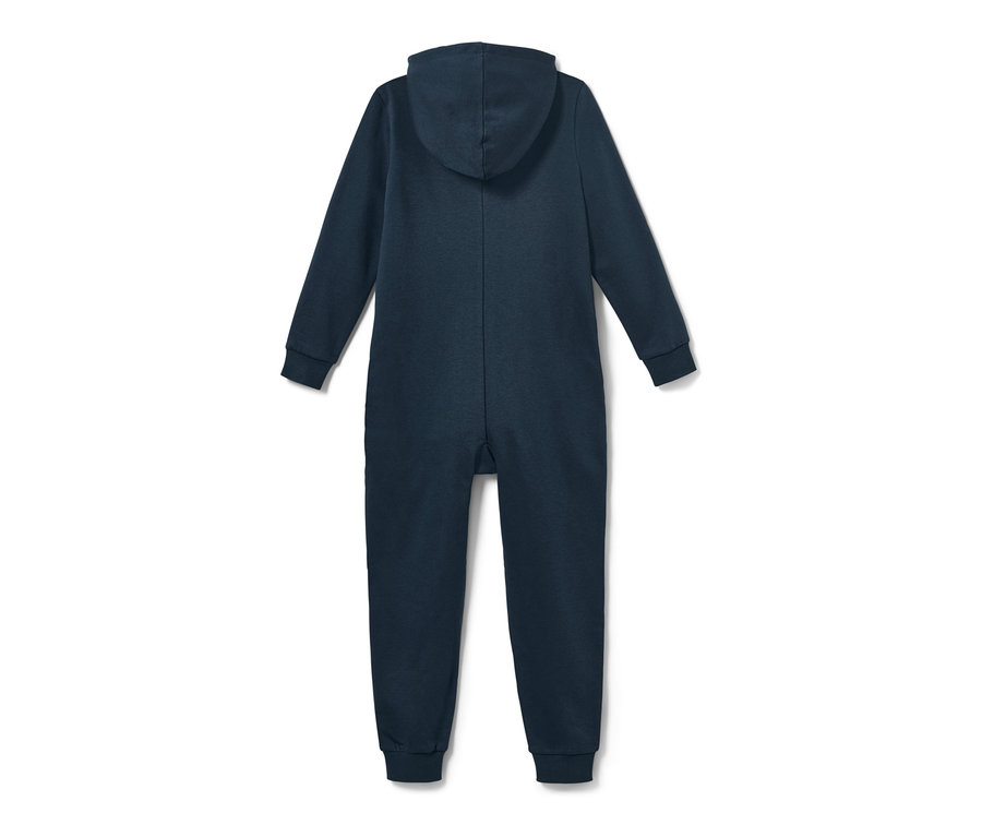Granatowy kombinezon z kapturem dla dzieci, widok z tyłu.