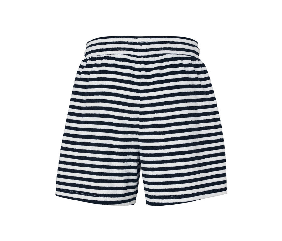 Szorty z tkaniny frotté w niebiesko-białe paski.