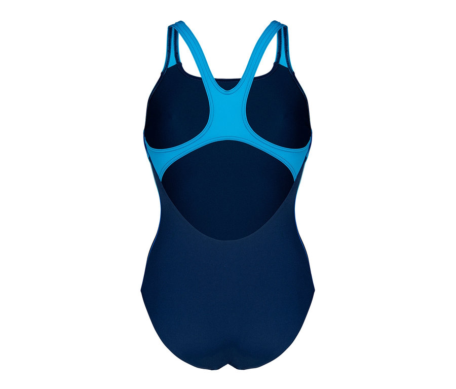 Zbliżenie na tył kostiumu kąpielowego arena Performance Two Sides Swim Pro Back w kolorze niebieskim i turkusowym.
