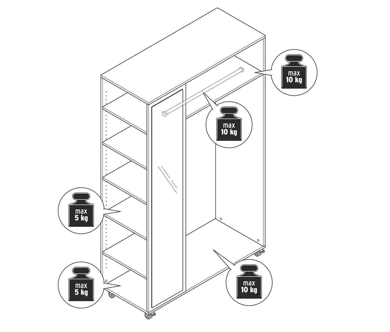 Rysunek wieszaka na kółkach z szafą i lustrem, z półkami po lewej stronie i drążkiem na ubrania po prawej stronie.