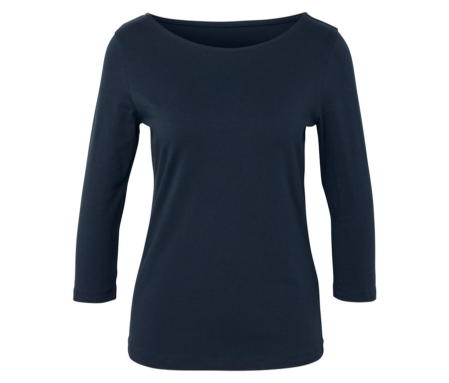 Granatowa koszulka z rękawami 3/4 i okrągłym dekoltem.