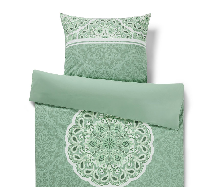 Zielona pościel Renforcé z mandalą w rozmiarach podwójnym, standardowym i bardzo dużym.