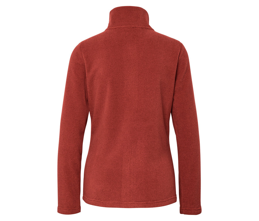 Widok z tyłu na pomarańczową bluzę polarową z długimi rękawami i wysokim kołnierzem.