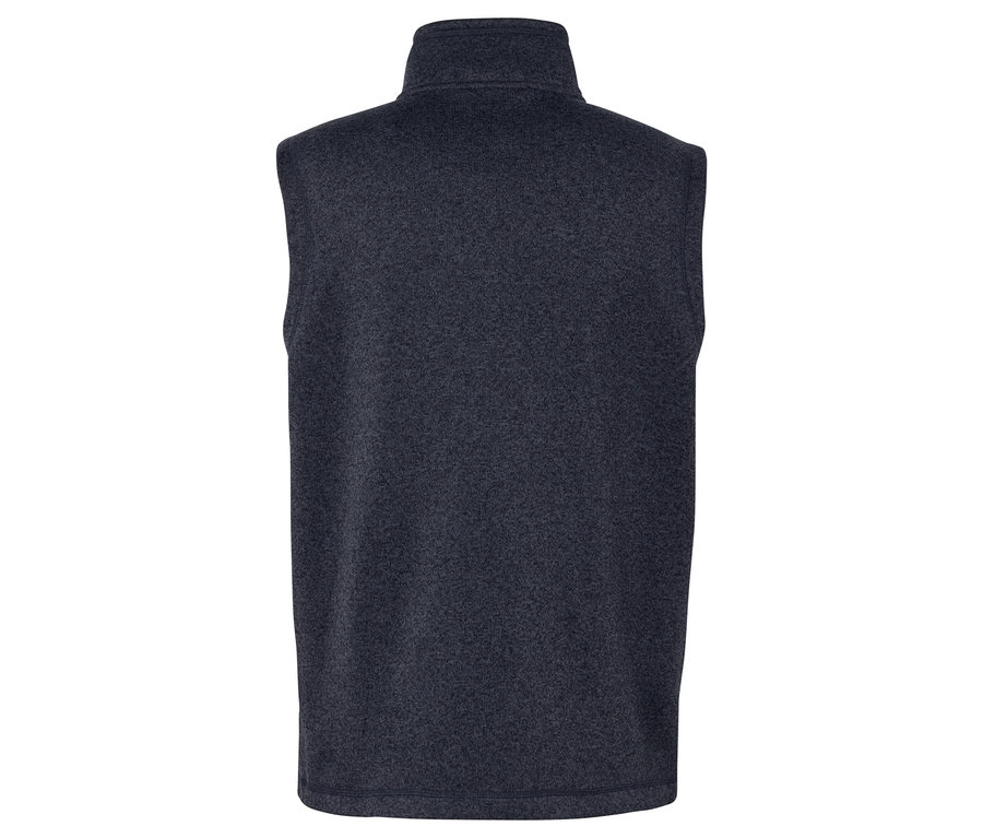 Szczegół tylnej części granatowej kamizelki polarowej ze stójką.