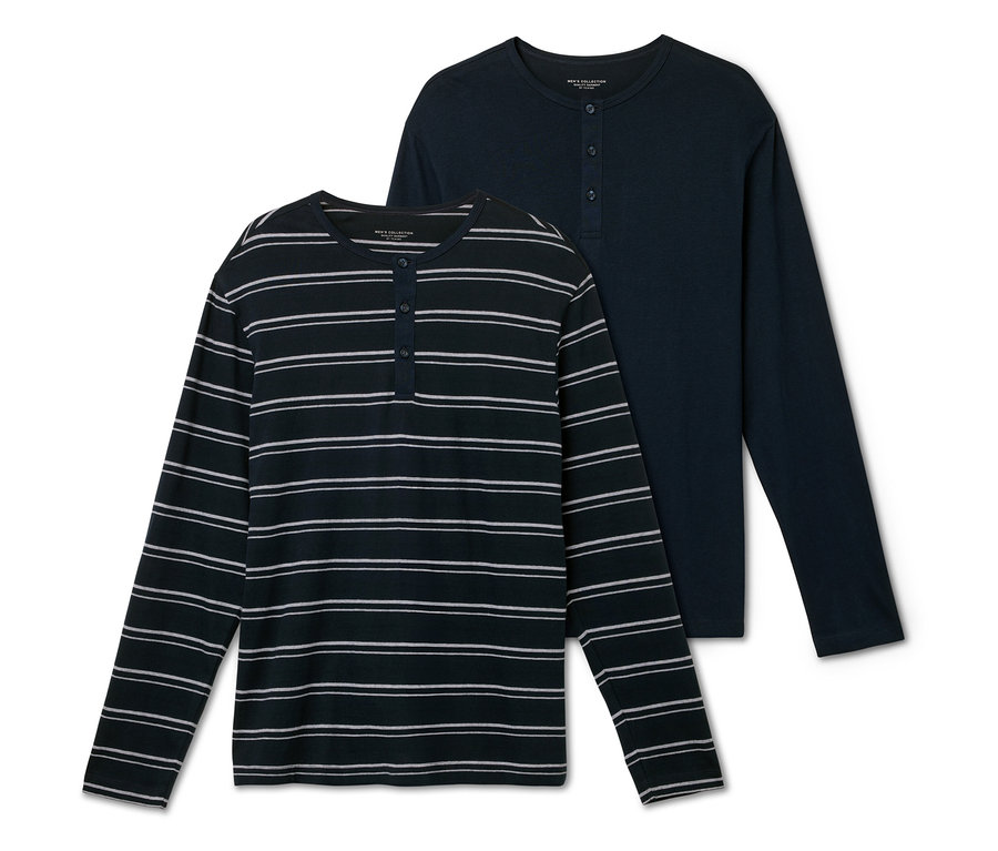 Dwie męskie koszulki z długim rękawem. Jedna jest granatowa w białe paski, druga jest jednolita granatowa.