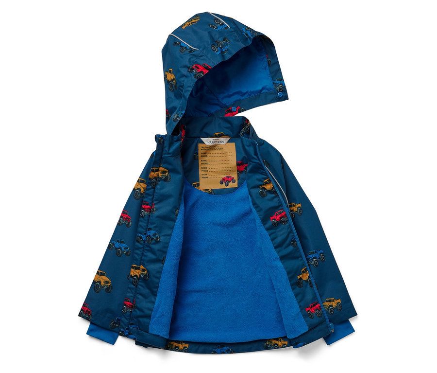 Otwarta niebieska kurtka dziecięca z kapturem i wzorem monster trucków.