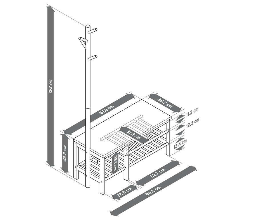Rysunek ławki z wieszakiem na ubrania z wymiarami.
