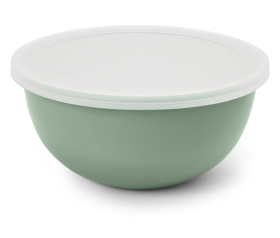 Zielona miska z białą pokrywką.