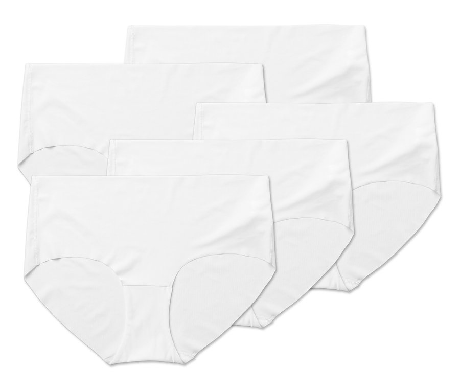 Pięć par białych majtek damskich leży jedna na drugiej.
