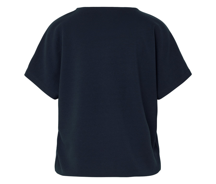 Granatowa koszulka z krótkim rękawem, sfotografowana od tyłu.