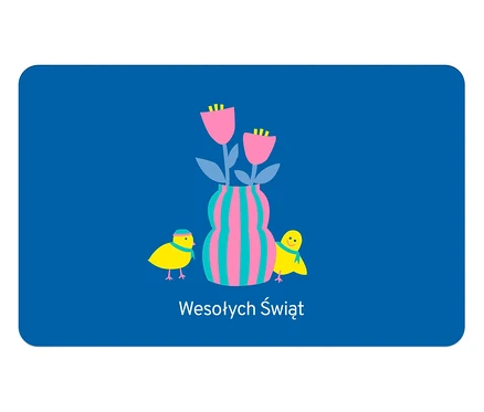 Na niebieskim tle dwa żółte kurczaki obok wazonu z różowymi kwiatami. Napis: "Wesołych Świąt".