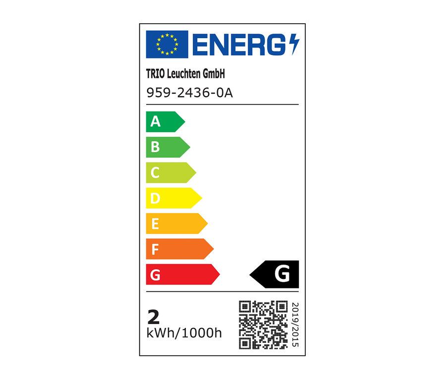 Etykieta energetyczna TRIO Leuchten GmbH, 959-2436-0A, z klasą efektywności energetycznej G i zużyciem 2 kWh/1000h.