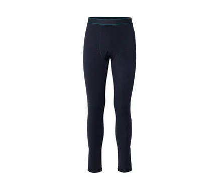 Ciemnoniebieskie legginsy z cienkim turkusowym paskiem na pasie.