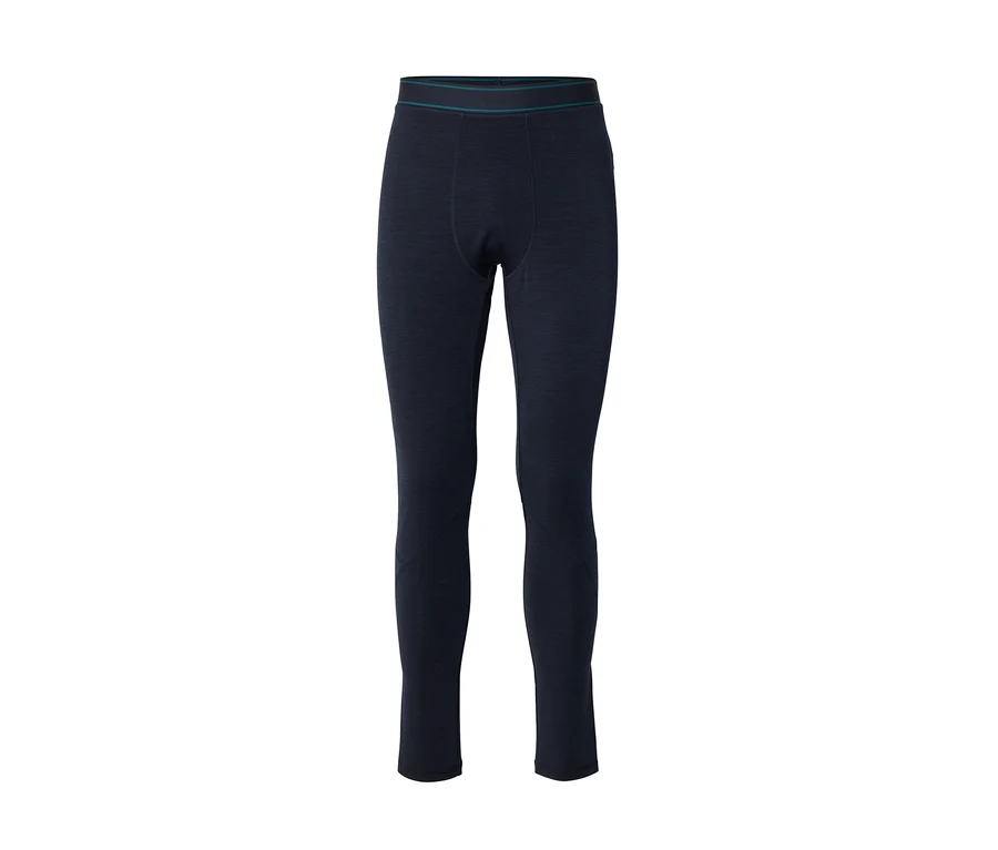 Ciemnoniebieskie legginsy z cienkim turkusowym paskiem na pasie.