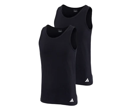 Dwie czarne koszulki bez rękawów adidas Active Flex, jedna lekko przed drugą, obie z białym logo adidas u dołu.
