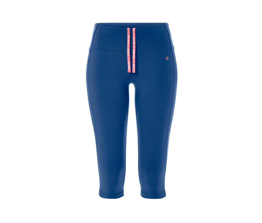 Granatowe damskie legginsy sportowe o długości 3/4 na białym tle.