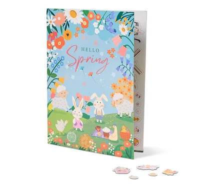 Ilustracja książki zatytułowanej "Hello Spring" z owcami, królikami, kwiatami i kocem piknikowym.