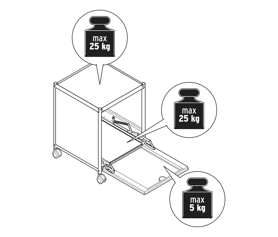 Metalowy stolik „CN3” z 1 klapą i kółkami. Maksymalne obciążenie wynosi 25 kg na górze i wewnątrz, oraz 5 kg na klapie.
