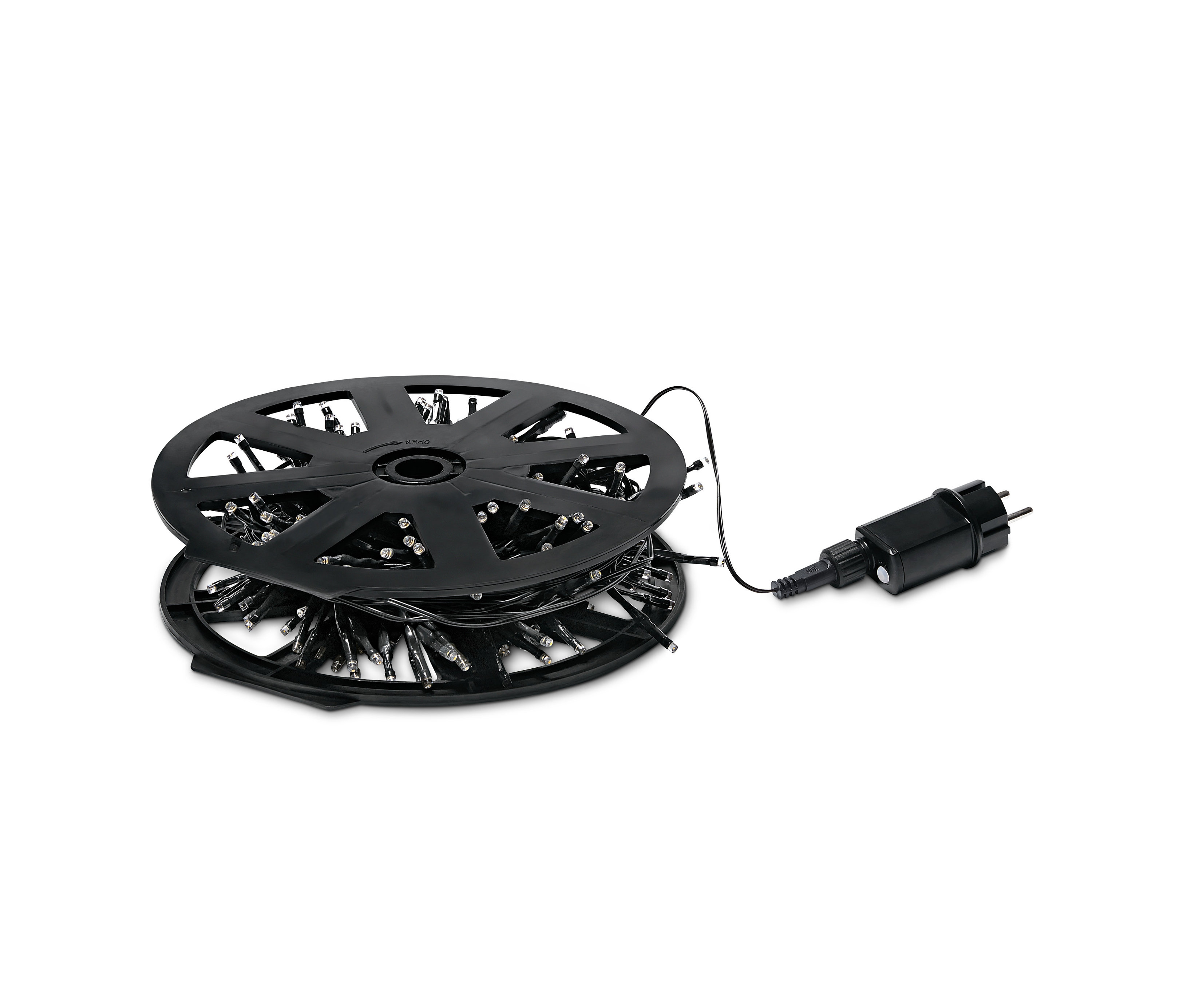 Czarna szpula z łańcuchem świetlnym LED do użytku na zewnątrz z 280 diodami LED i wtyczką.