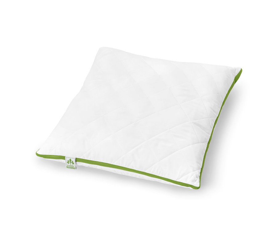 Biała poduszka irisette® greenline z taśmą klimatyzującą leży na białym tle.