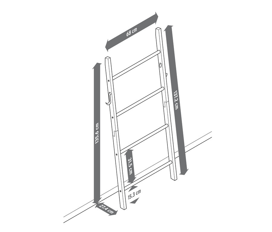 Ilustracja drewnianej drabiny z haczykami, żółtej, z oznaczonymi wymiarami.