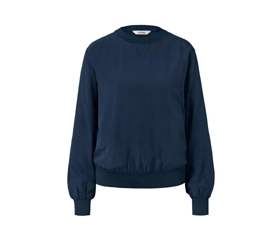 Granatowa bluzka ze ściągaczem.