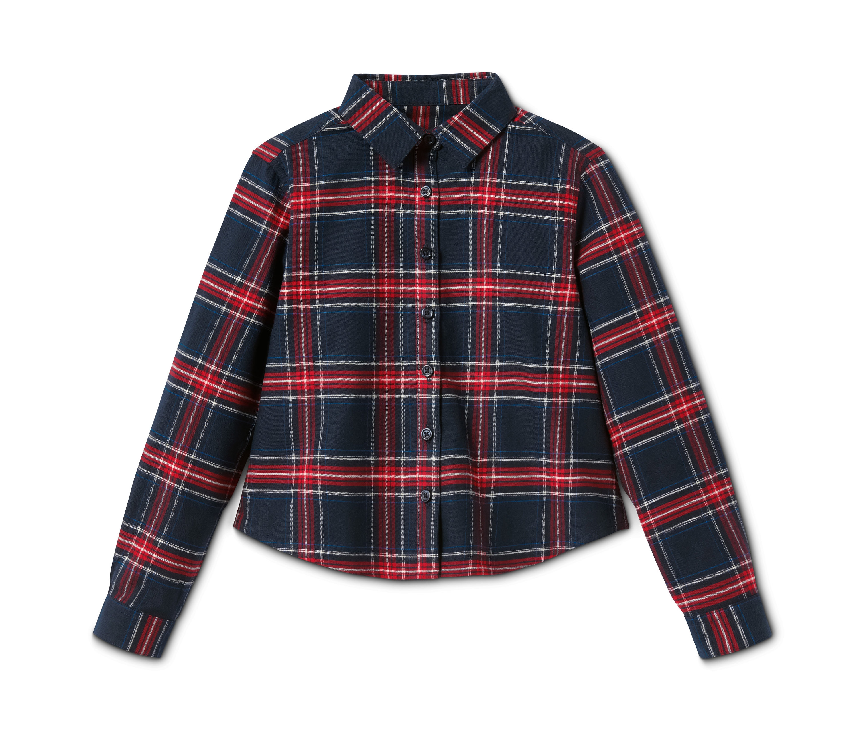 Koszula flanelowa z długim rękawem w czerwoną i białą kratę na granatowym tle.