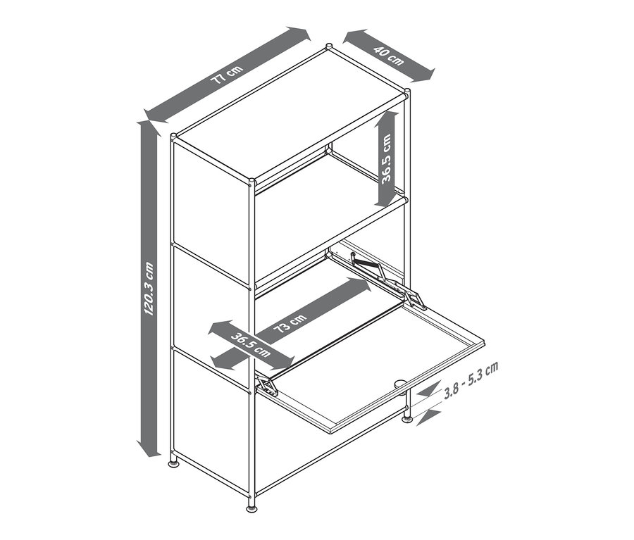 Szkic metalowego regału CN3 z dwoma komorami z klapami, z których jedna jest otwarta.