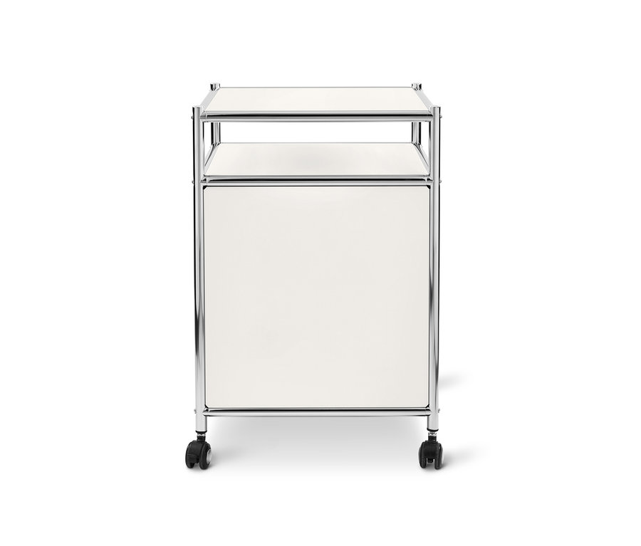 Biały metalowy kontener na kółkach »CN3« z klapą.