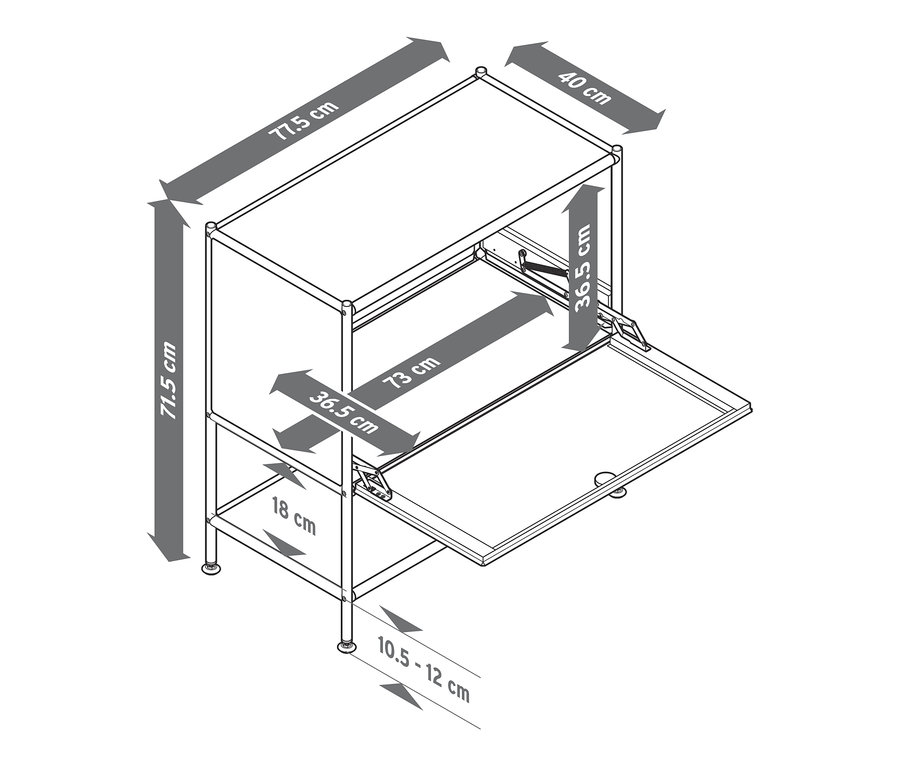 Szkic metalowej szafki typu sideboard „CN3” z klapą, beżowej, z wymiarami.