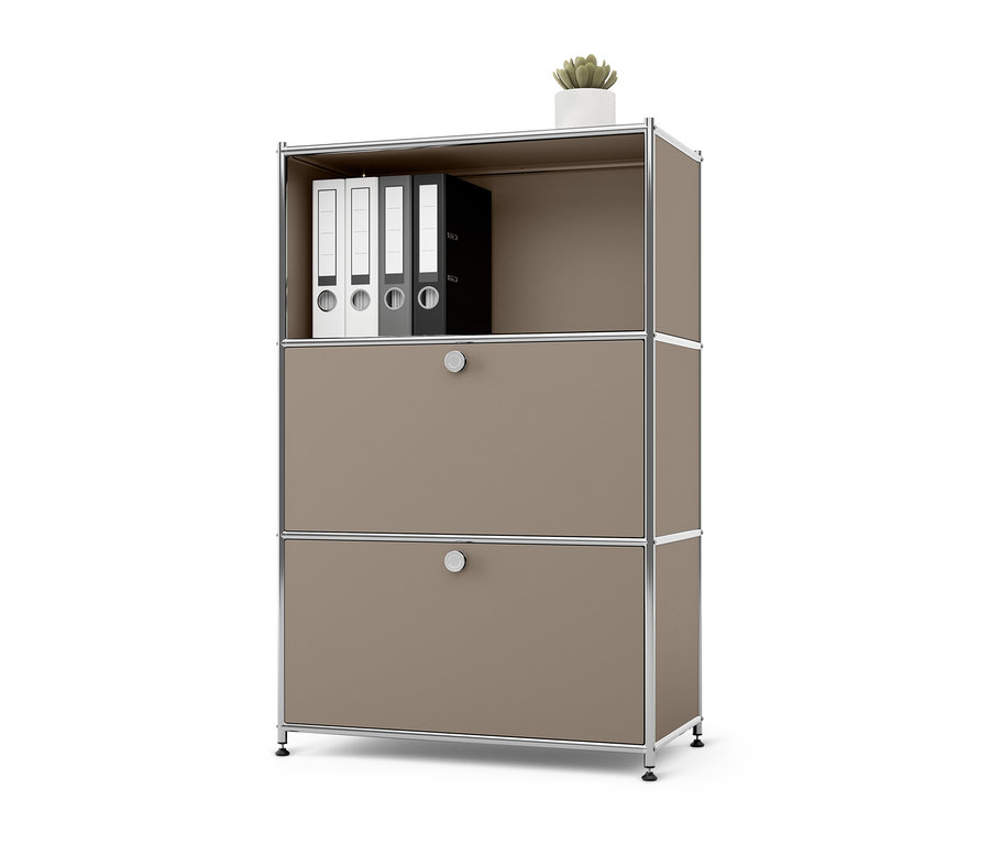 Szarobeżowa metalowa komoda »CN3« z 2 klapami i metalowy stolik „CN3” z 2 klapami.