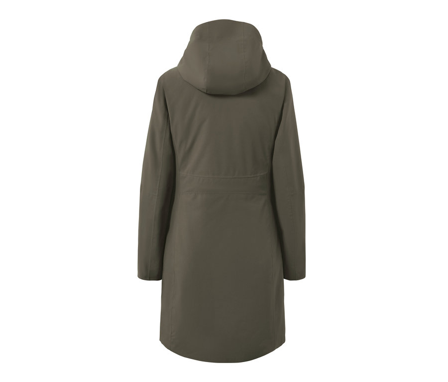 Widok z tyłu oliwkowozielonego płaszcza przeciwdeszczowego 3 w 1 z kapturem i kamizelką.