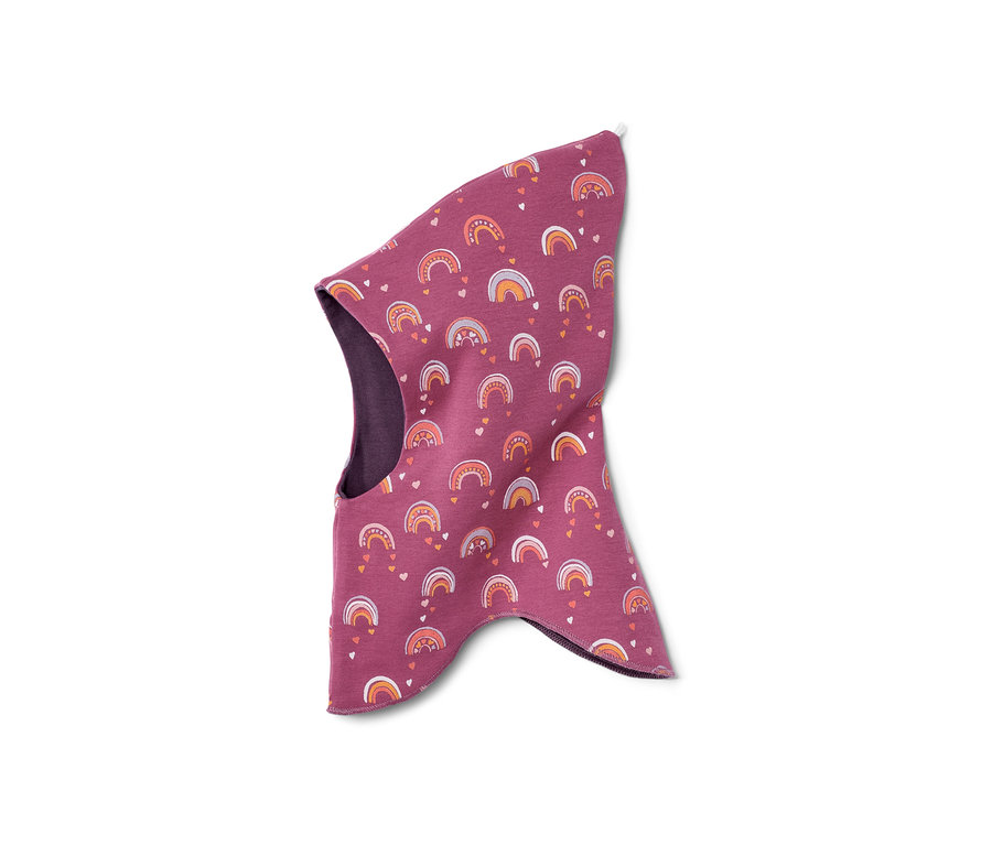 Fioletowa dwustronna kominiarka dziecięca we wzór tęczy.