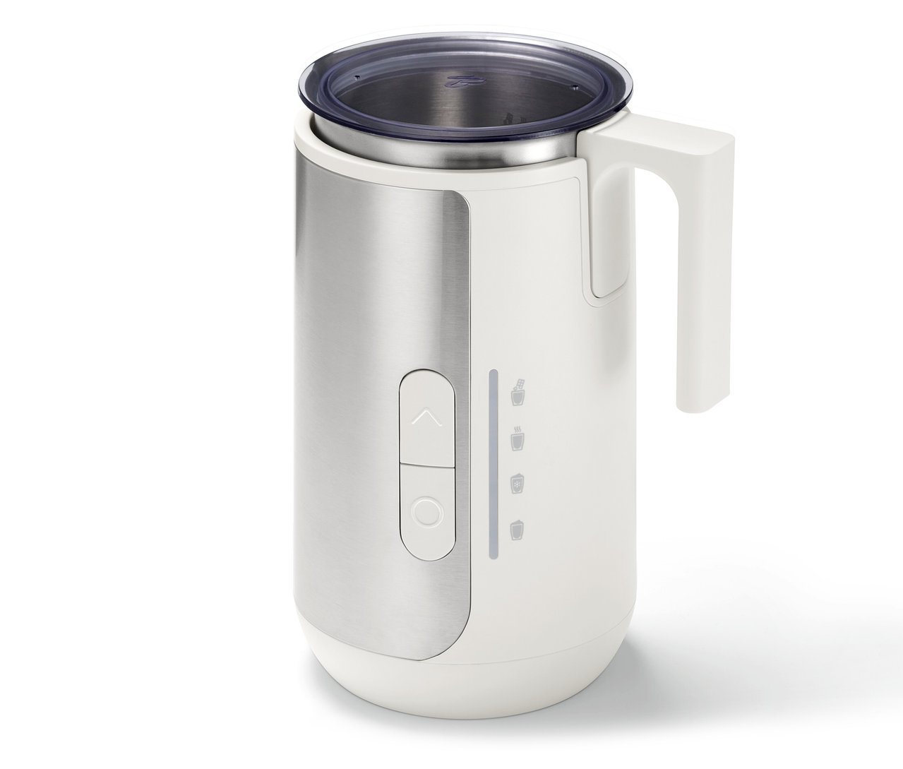 Biały spieniacz do mleka ze srebrnym paskiem i przezroczystą pokrywką.