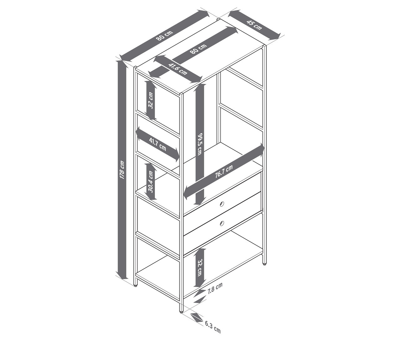 Rysunek garderoby z półkami i dwiema szufladami, z zaznaczonymi wymiarami.