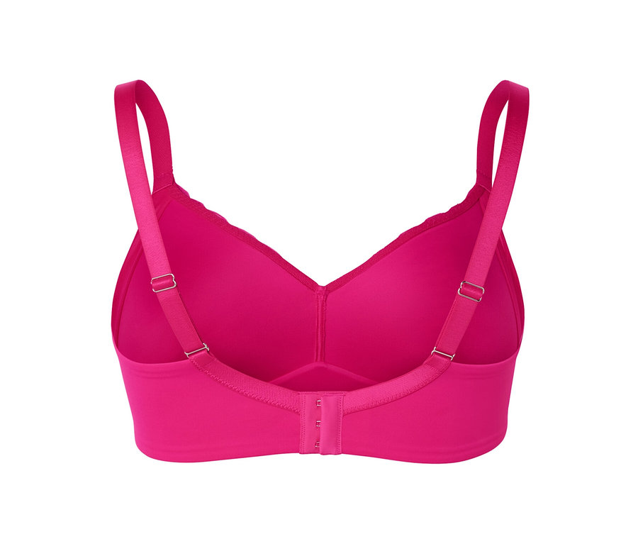 Zbliżenie na różowy, miękki biustonosz, widok z tyłu.