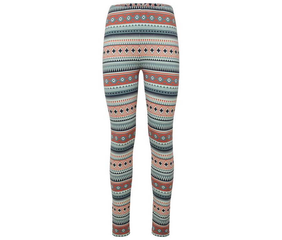Wzorzyste legginsy z geometrycznymi kształtami w kolorach pomarańczowym, niebieskim i białym.