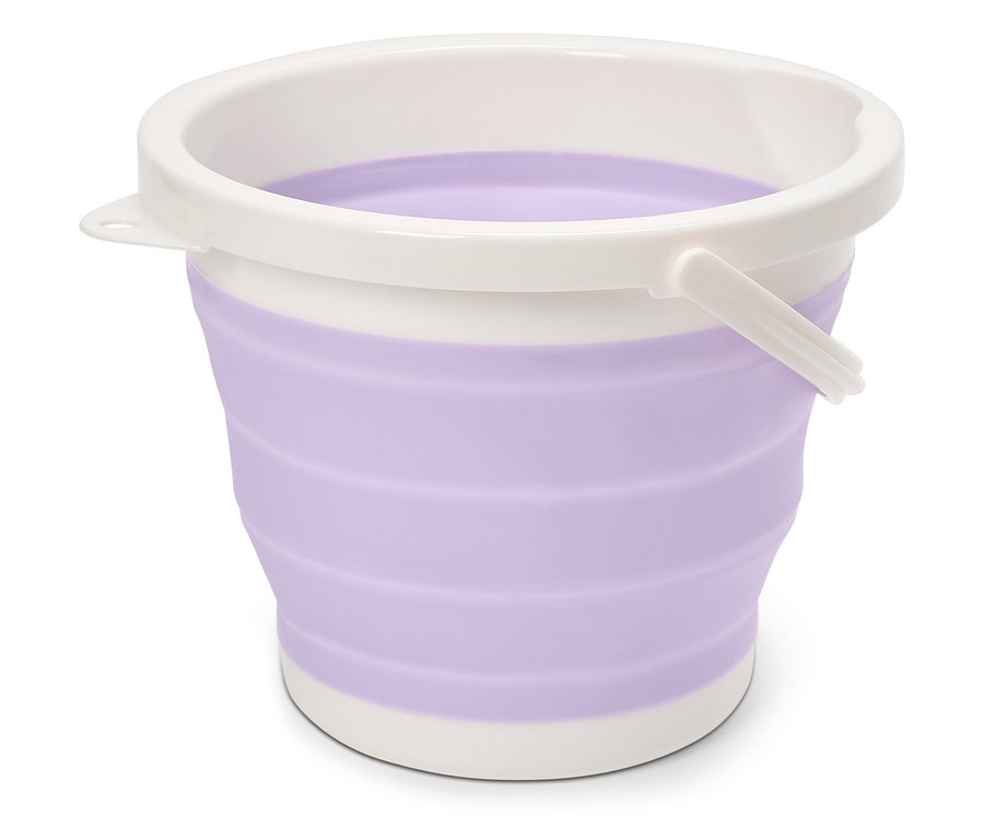 Fioletowe składane wiadro z białym brzegiem i uchwytem.