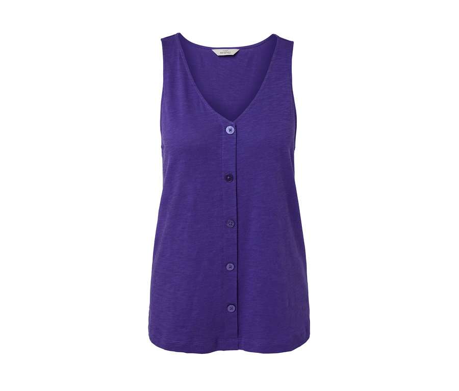 Liliowy top z modalu, zapinany na guziki.