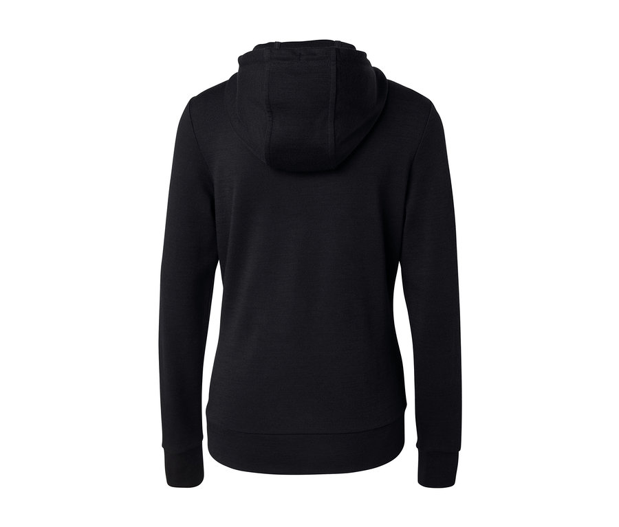 Widok z tyłu czarnej bluzy z kapturem z wełną z certyfikatem RWS.