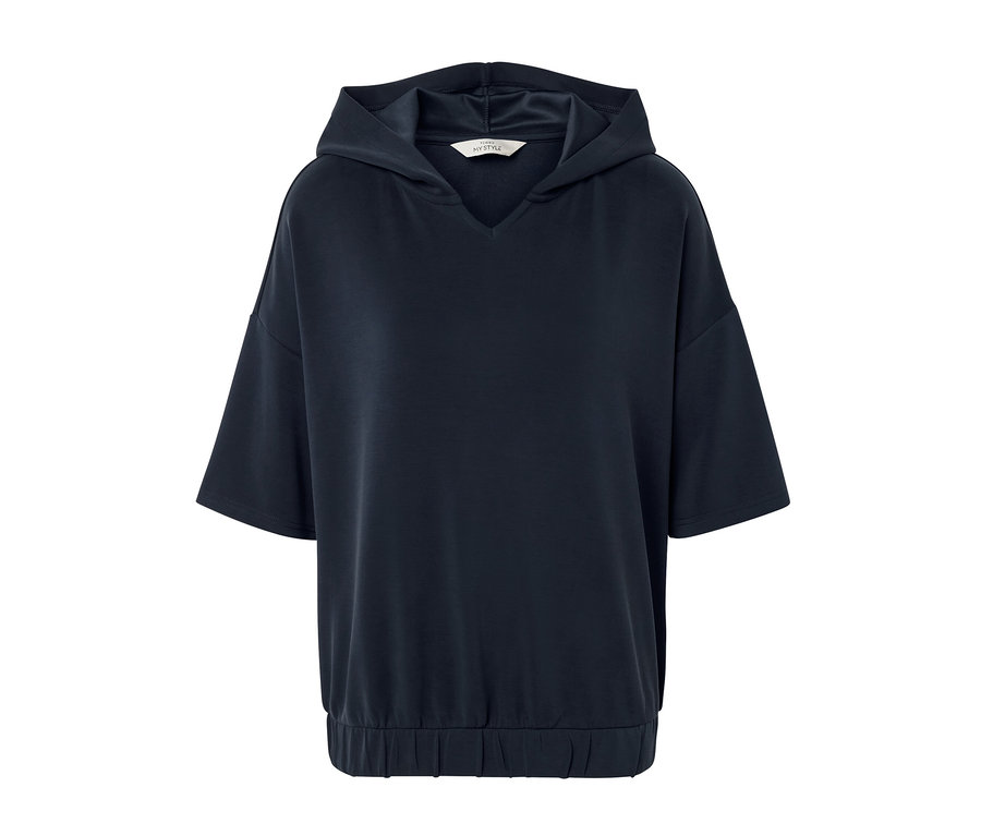 Granatowa bluza z kapturem z mieszanki modalu z krótkimi rękawami.