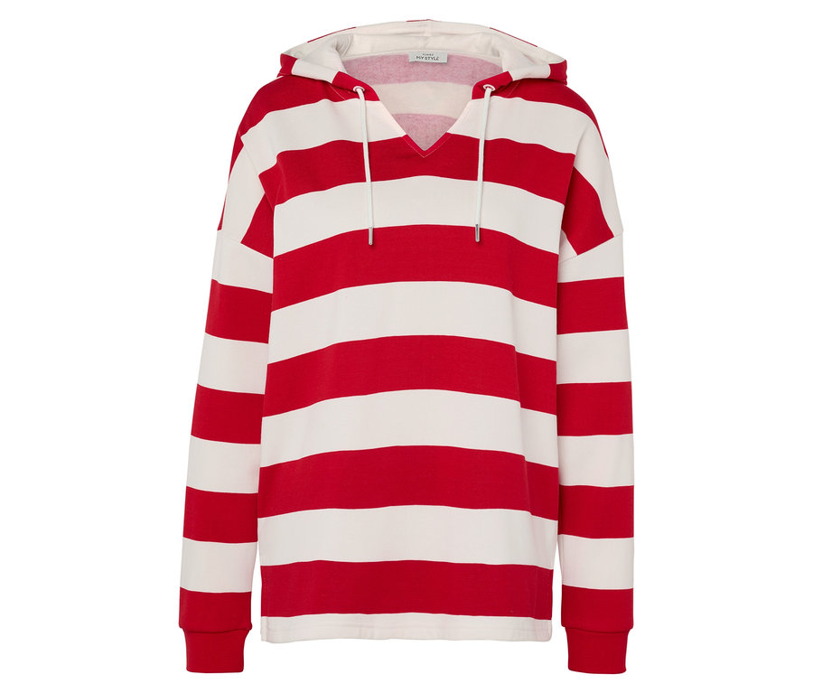 Czerwono-biały, prążkowany sweter z kapturem i długimi rękawami.