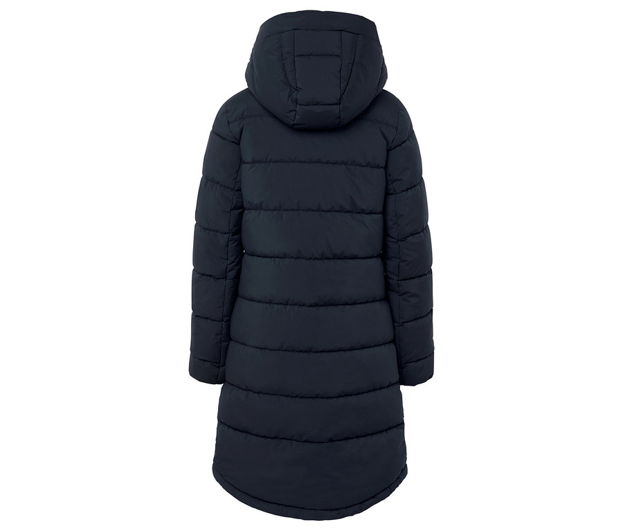 Granatowa kurtka puchowa z kapturem, widok z tyłu.
