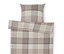 Pościel i poduszka w kratę w odcieniach beżu.