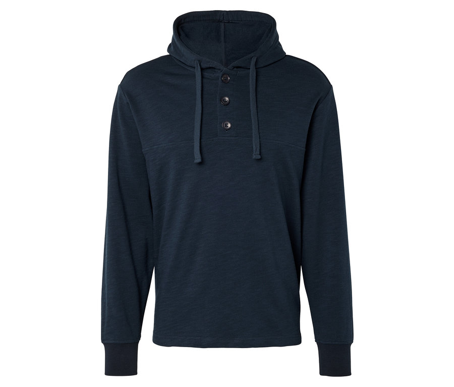 Granatowa bluza z kapturem zapinana na trzy guziki na białym tle.
