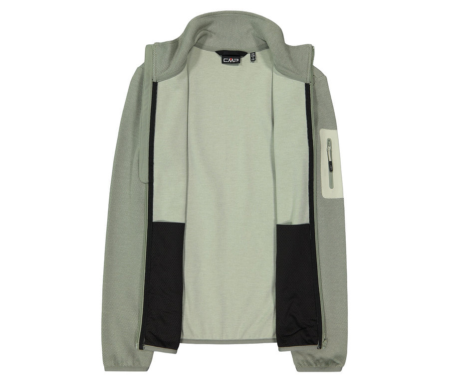 Rozpięta, jasnozielona kurtka polarowa CMP z pełnym zamkiem błyskawicznym.