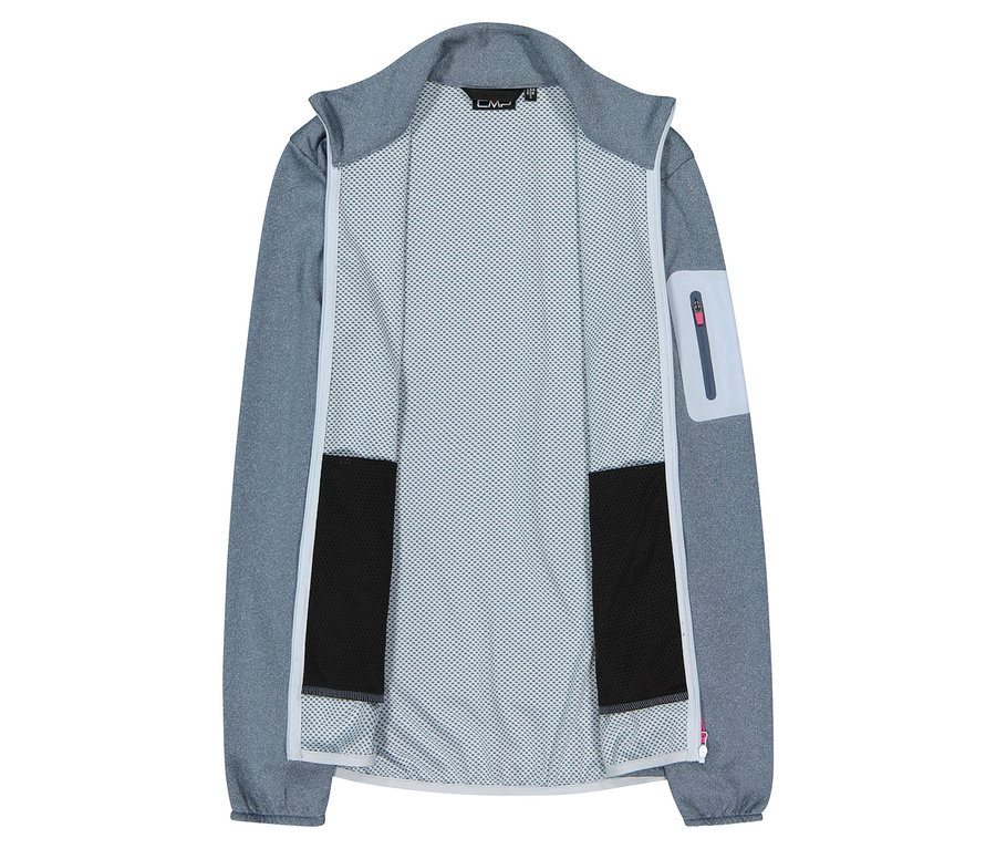 Otwarta, jasnoszara kurtka CMP z pełnym zamkiem błyskawicznym i siateczkową podszewką.