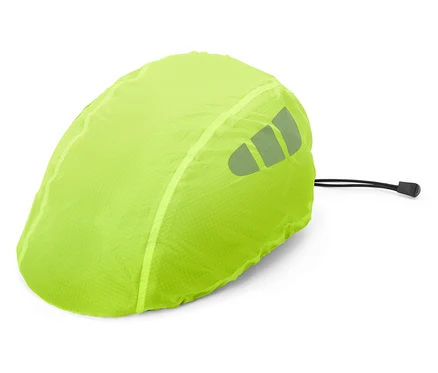 Neonowożółty pokrowiec na kask rowerowy z odblaskowymi detalami i czarnym sznurkiem leży na białym tle.