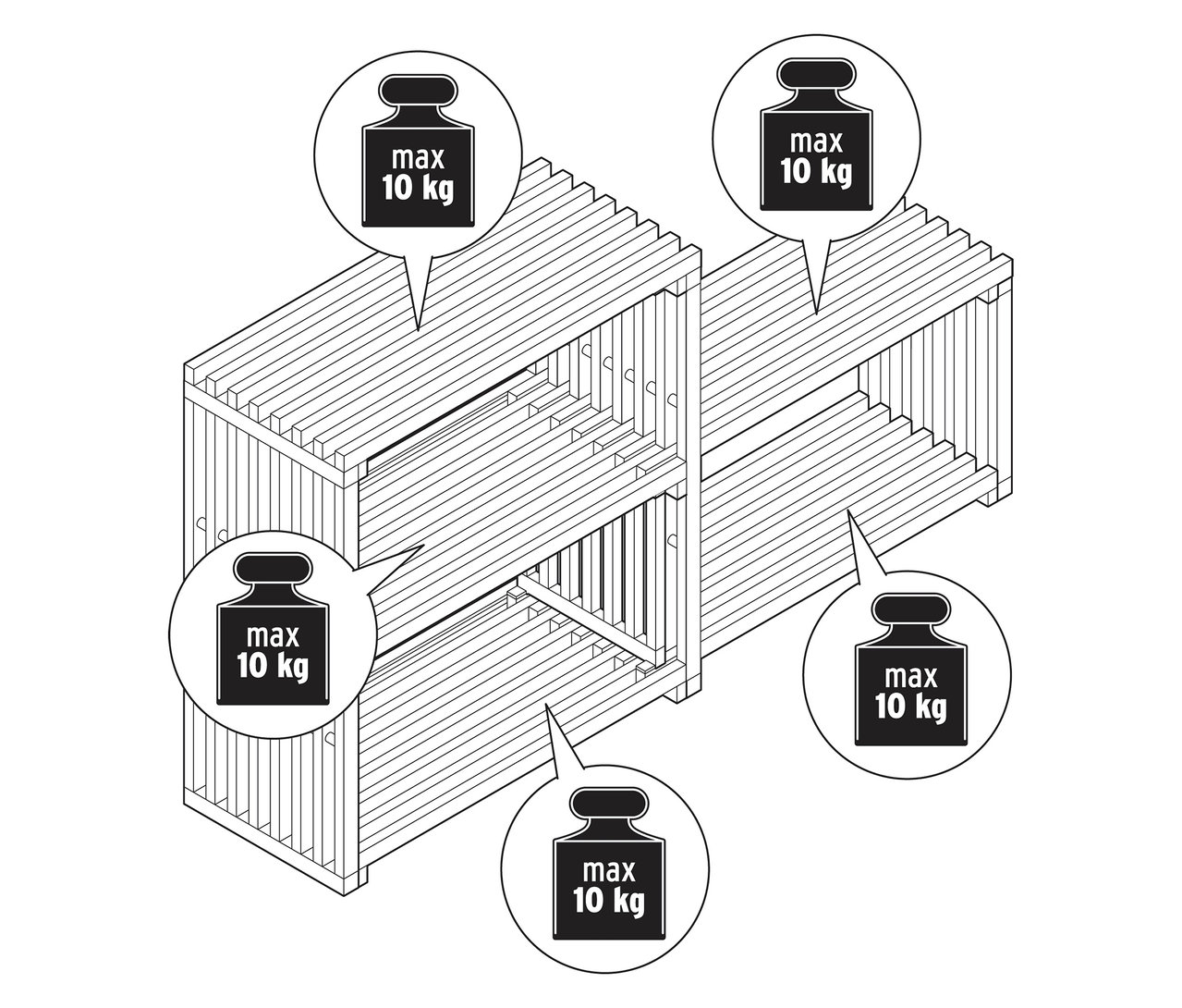Widok z góry rozsuwanego regału schodkowego ze wskazówkami dotyczącymi maksymalnej wagi 10 kg.
