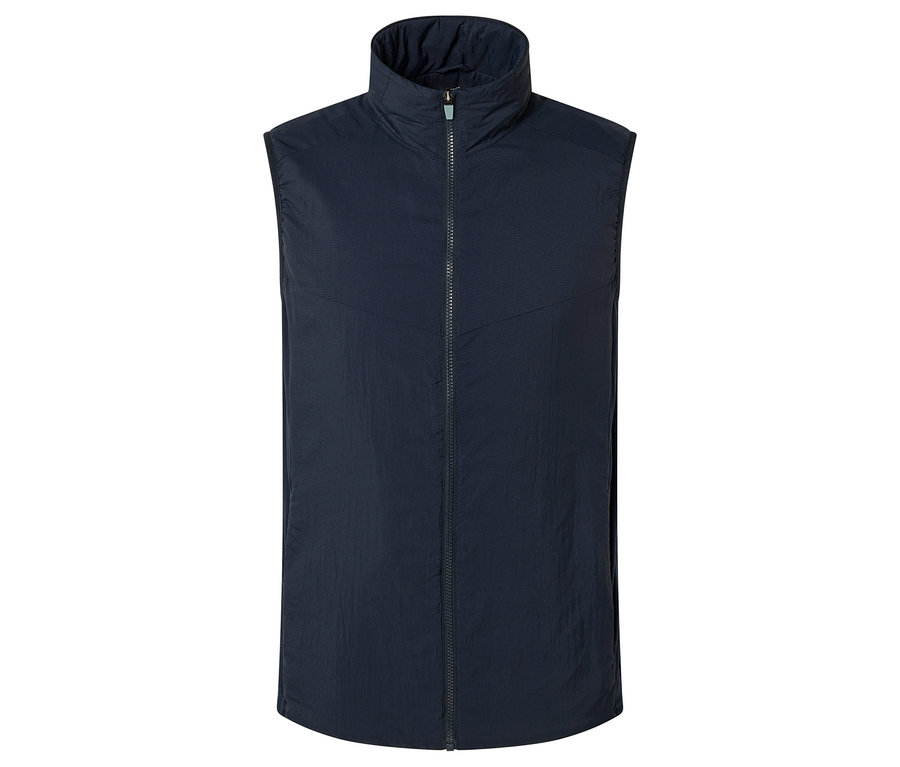 Granatowa kamizelka z zamkiem błyskawicznym i wysokim kołnierzem.